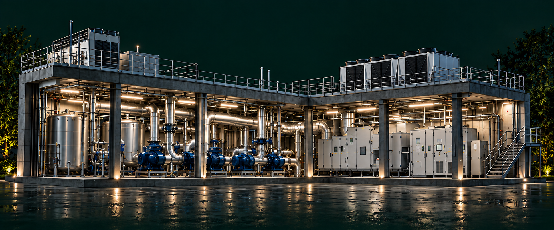An illuminated plantroom with stainless pipework, blue pumps, rooftop cooling equipment and building control panels